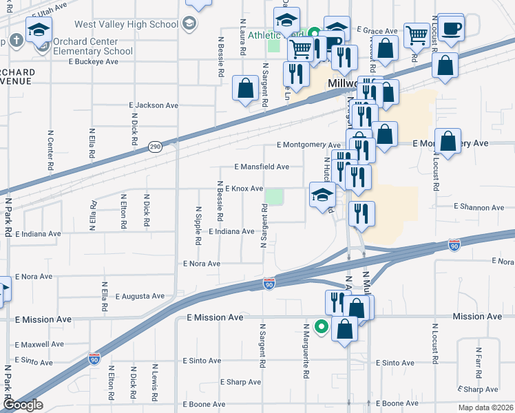 map of restaurants, bars, coffee shops, grocery stores, and more near 8704 East Shannon Avenue in Spokane Valley