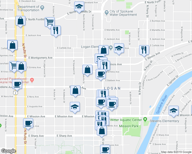 map of restaurants, bars, coffee shops, grocery stores, and more near 813 East Baldwin Avenue in Spokane