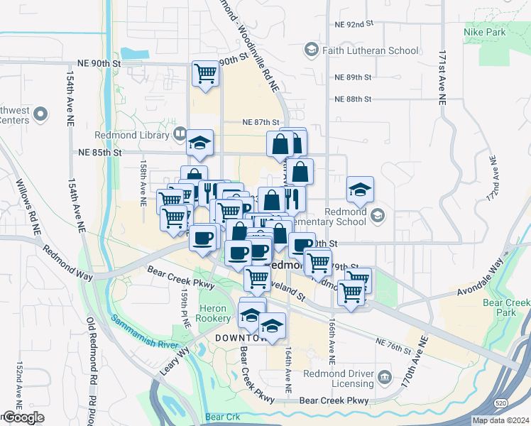 map of restaurants, bars, coffee shops, grocery stores, and more near 16304 Northeast 81st Street in Redmond