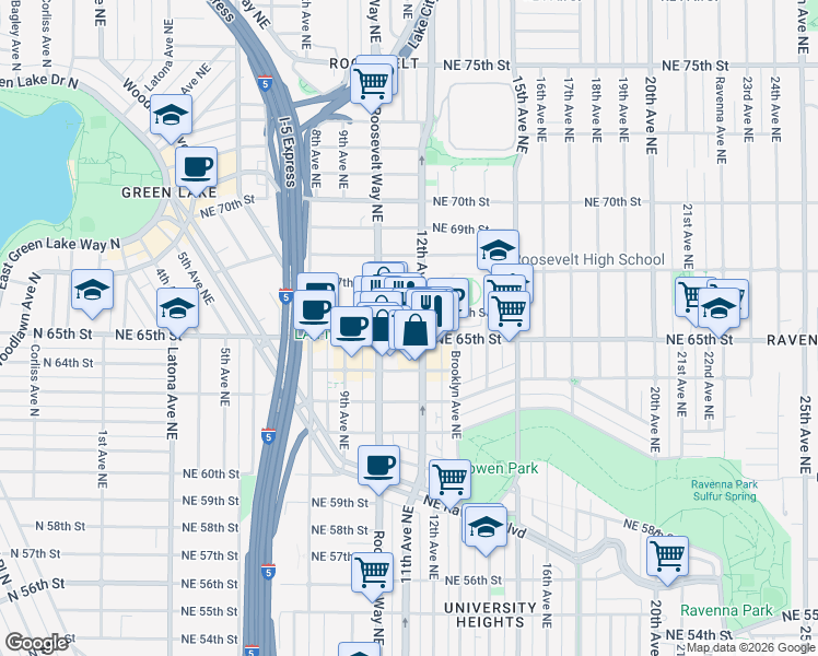 map of restaurants, bars, coffee shops, grocery stores, and more near in Seattle
