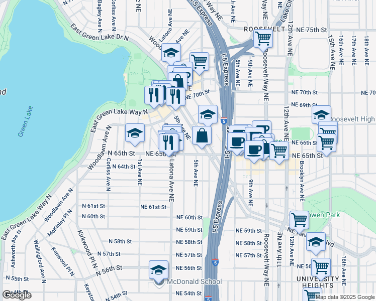map of restaurants, bars, coffee shops, grocery stores, and more near 6501 5th Avenue Northeast in Seattle