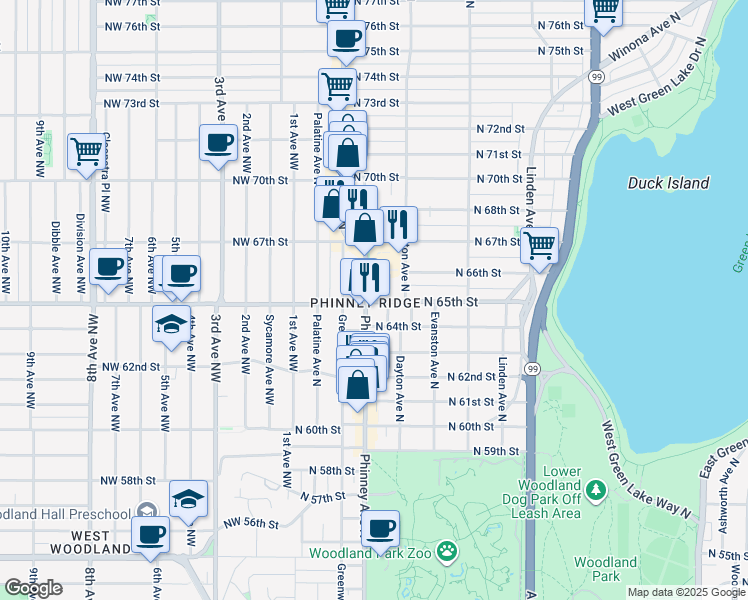 map of restaurants, bars, coffee shops, grocery stores, and more near in Seattle