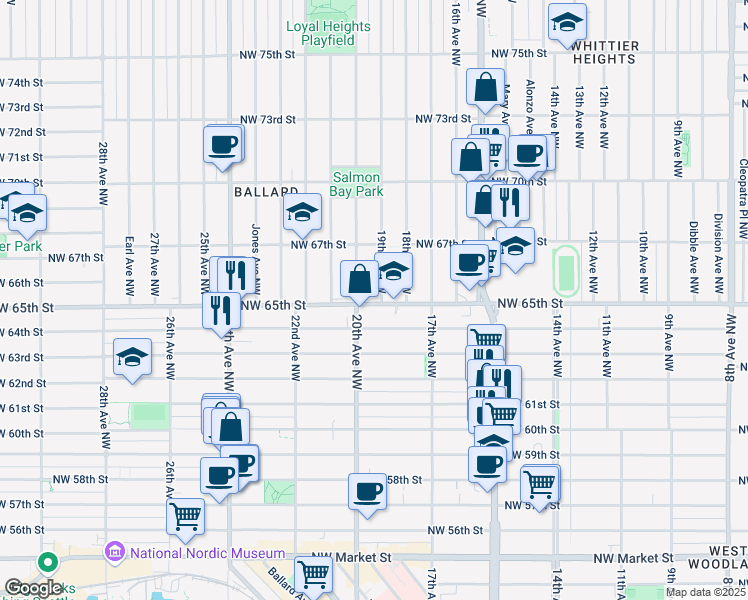 map of restaurants, bars, coffee shops, grocery stores, and more near in Seattle