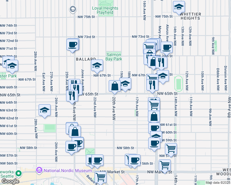map of restaurants, bars, coffee shops, grocery stores, and more near in Seattle