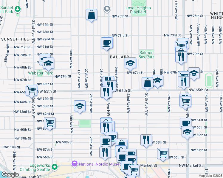 map of restaurants, bars, coffee shops, grocery stores, and more near 2349 Northwest 65th Street in Seattle