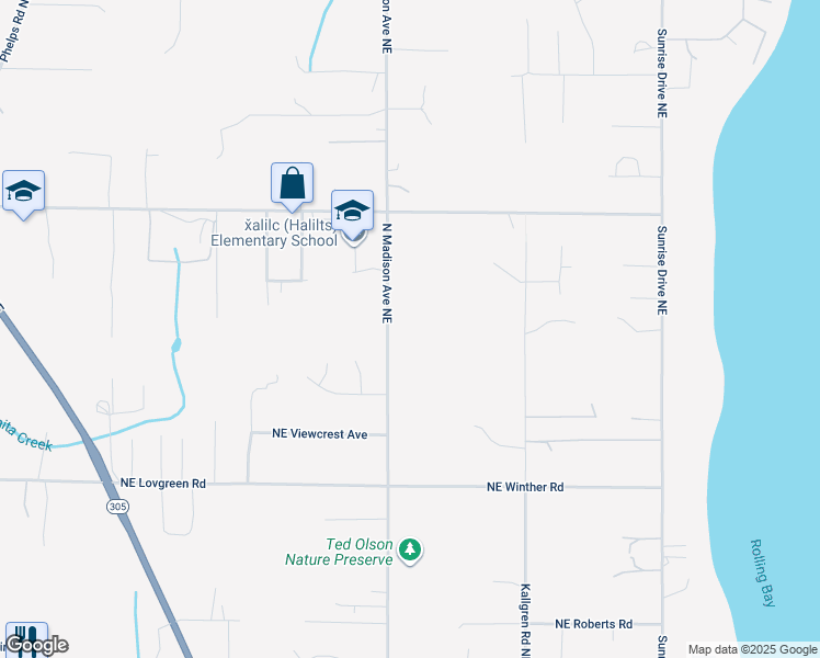 map of restaurants, bars, coffee shops, grocery stores, and more near 12490 Madison Avenue Northeast in Bainbridge Island