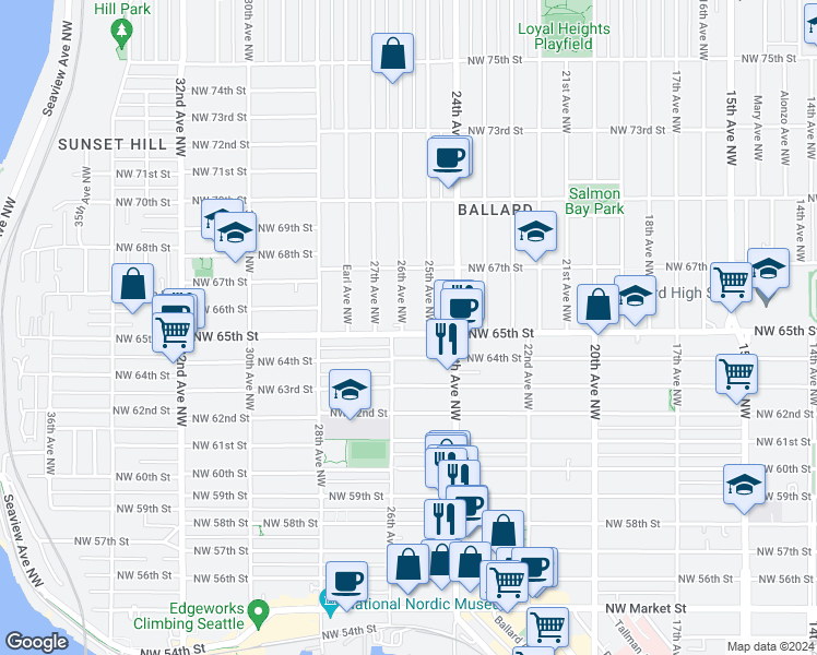 map of restaurants, bars, coffee shops, grocery stores, and more near 6502 26th Avenue Northwest in Seattle