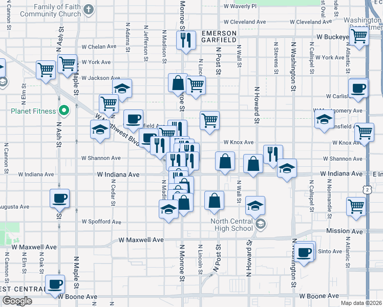 map of restaurants, bars, coffee shops, grocery stores, and more near 920 West Shannon Avenue in Spokane