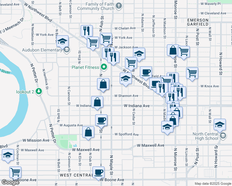 map of restaurants, bars, coffee shops, grocery stores, and more near 1518 West Shannon Avenue in Spokane
