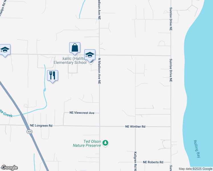 map of restaurants, bars, coffee shops, grocery stores, and more near 12490 North Madison Avenue Northeast in Bainbridge Island