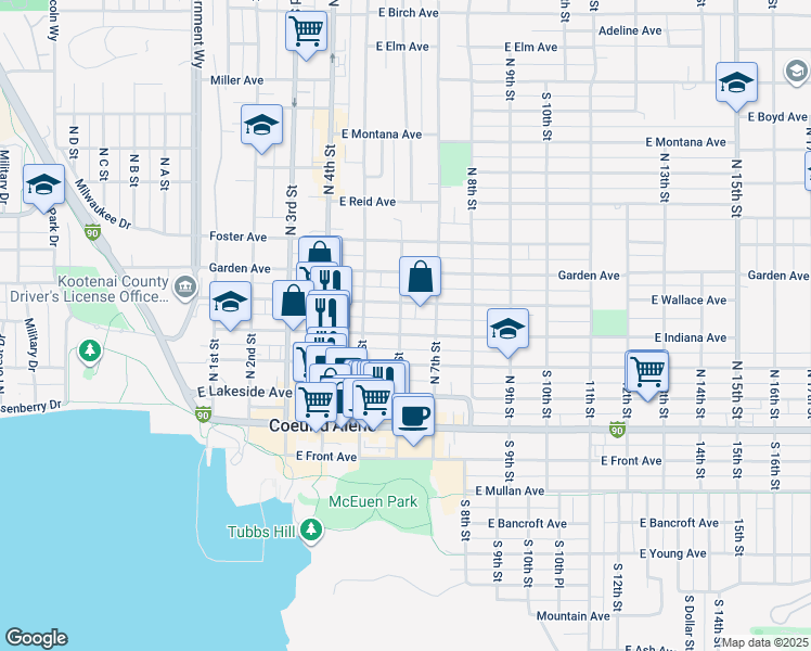 map of restaurants, bars, coffee shops, grocery stores, and more near 603 East Indiana Avenue in Coeur d'Alene