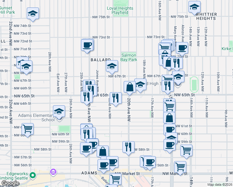 map of restaurants, bars, coffee shops, grocery stores, and more near 2112 Northwest 65th Street in Seattle
