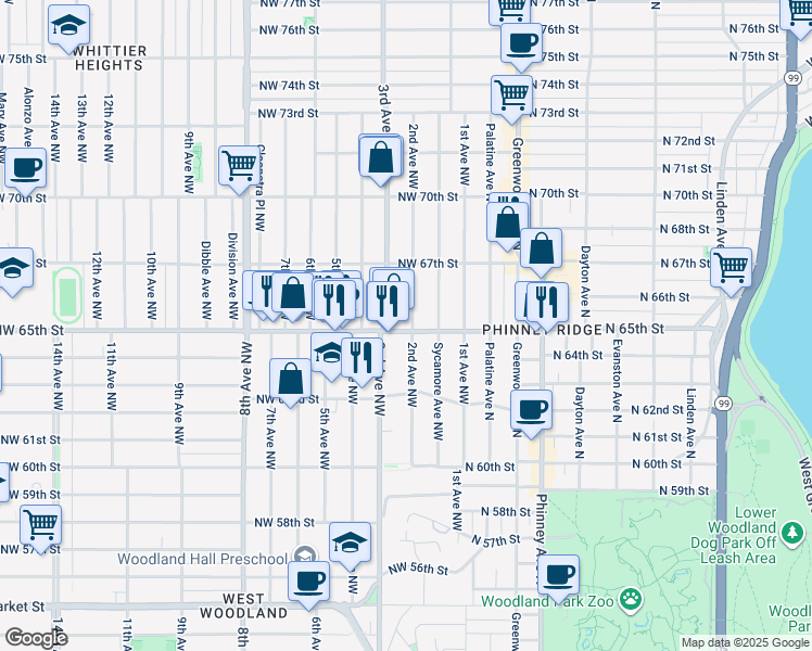 map of restaurants, bars, coffee shops, grocery stores, and more near 6501 2nd Avenue Northwest in Seattle