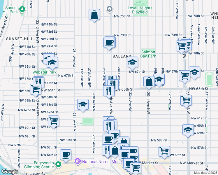 map of restaurants, bars, coffee shops, grocery stores, and more near 6501 24th Avenue Northwest in Seattle