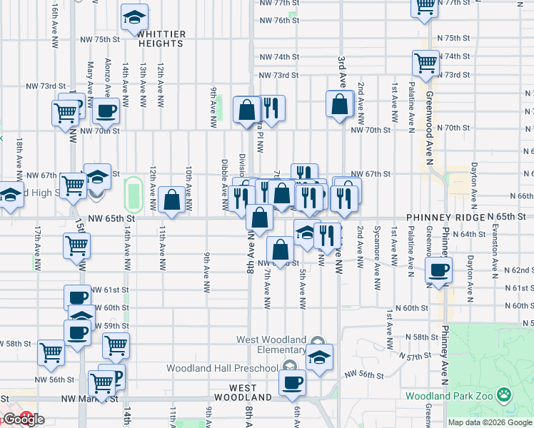 map of restaurants, bars, coffee shops, grocery stores, and more near 6499 7th Avenue Northwest in Seattle