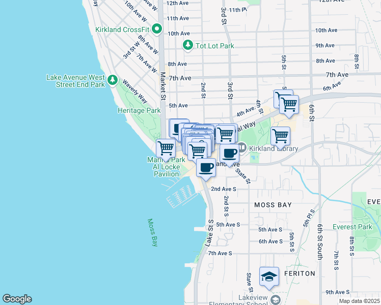 map of restaurants, bars, coffee shops, grocery stores, and more near 30 Lakeshore Plaza in Kirkland