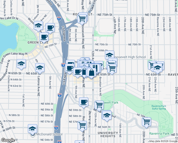 map of restaurants, bars, coffee shops, grocery stores, and more near 1026 Northeast 65th Street in Seattle