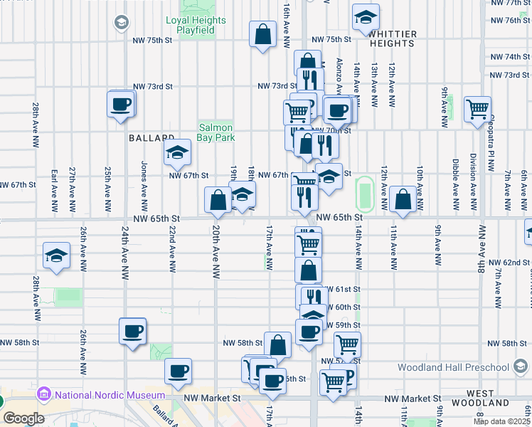 map of restaurants, bars, coffee shops, grocery stores, and more near 6507 17th Avenue Northwest in Seattle