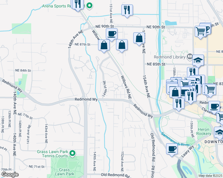 map of restaurants, bars, coffee shops, grocery stores, and more near 15070 Northeast 82nd Street in Redmond