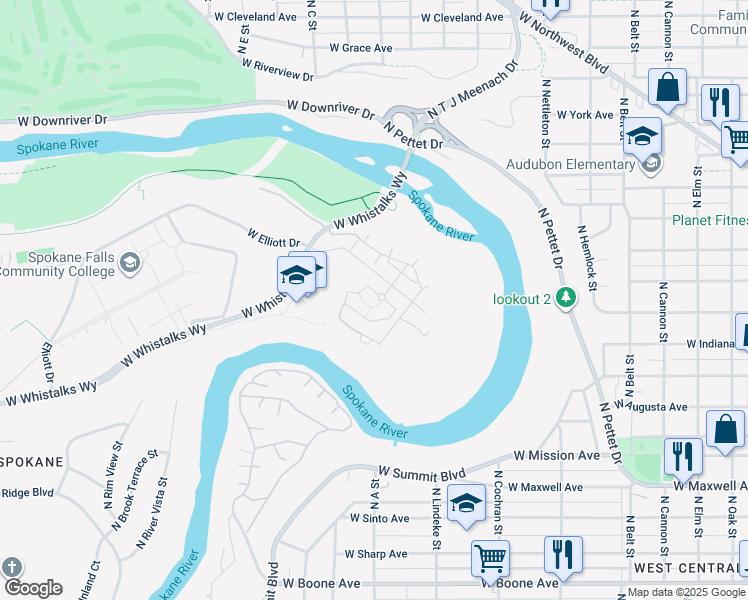map of restaurants, bars, coffee shops, grocery stores, and more near 2865 West Elliott Drive in Spokane