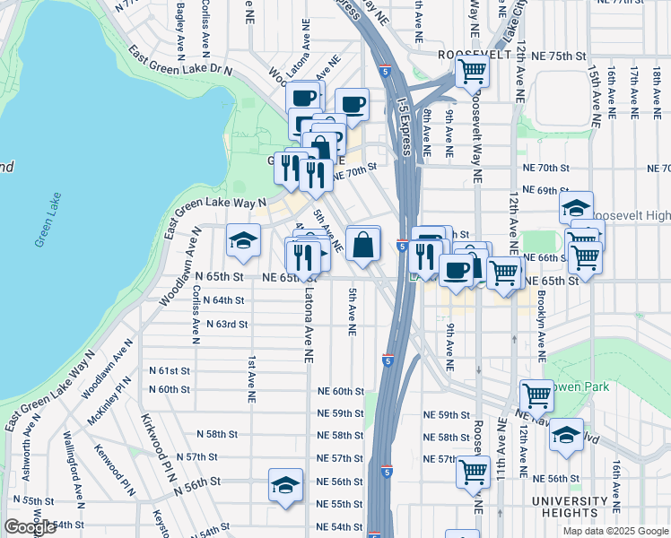 map of restaurants, bars, coffee shops, grocery stores, and more near 6501 5th Avenue Northeast in Seattle