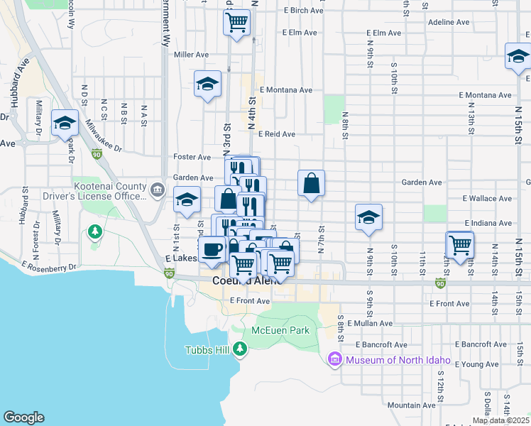 map of restaurants, bars, coffee shops, grocery stores, and more near 501 East Indiana Avenue in Coeur d'Alene