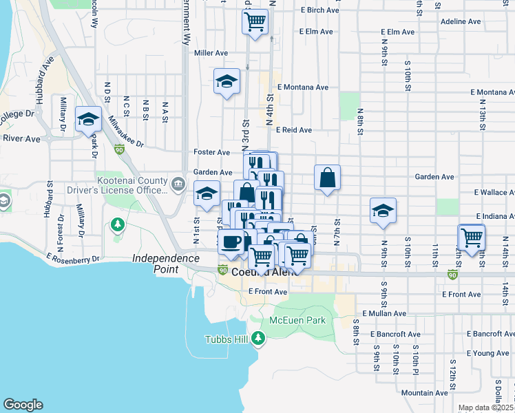 map of restaurants, bars, coffee shops, grocery stores, and more near 400 North 4th Street in Coeur d'Alene