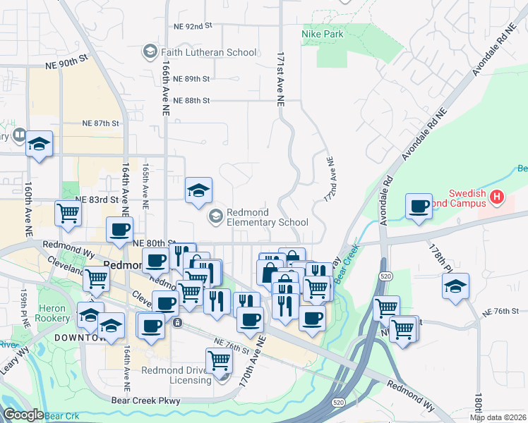 map of restaurants, bars, coffee shops, grocery stores, and more near 16997 Northeast 82nd Street in Redmond