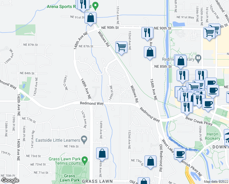 map of restaurants, bars, coffee shops, grocery stores, and more near in Redmond