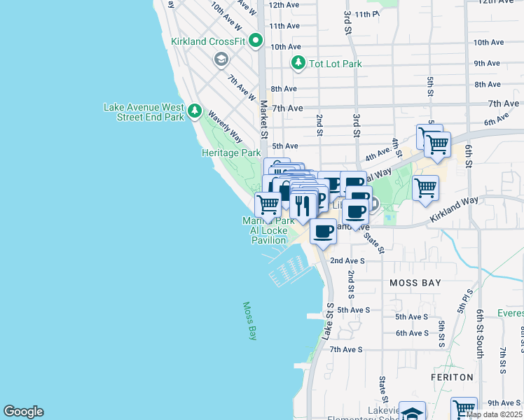 map of restaurants, bars, coffee shops, grocery stores, and more near 111 Lake Avenue West in Kirkland