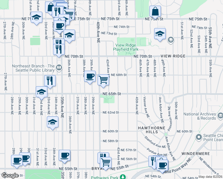 map of restaurants, bars, coffee shops, grocery stores, and more near 4206 Northeast 65th Street in Seattle
