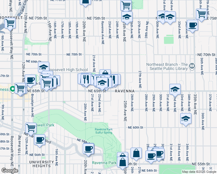 map of restaurants, bars, coffee shops, grocery stores, and more near in Seattle