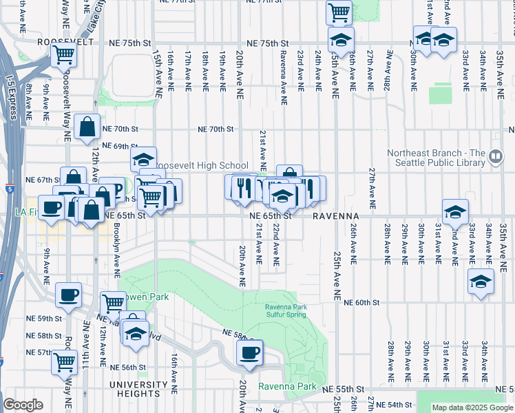 map of restaurants, bars, coffee shops, grocery stores, and more near 2020 Northeast 65th Street in Seattle
