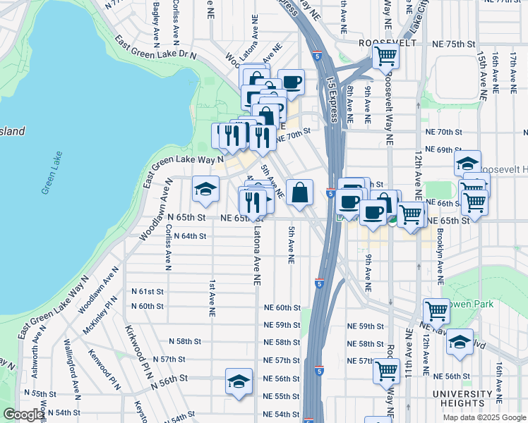 map of restaurants, bars, coffee shops, grocery stores, and more near in Seattle