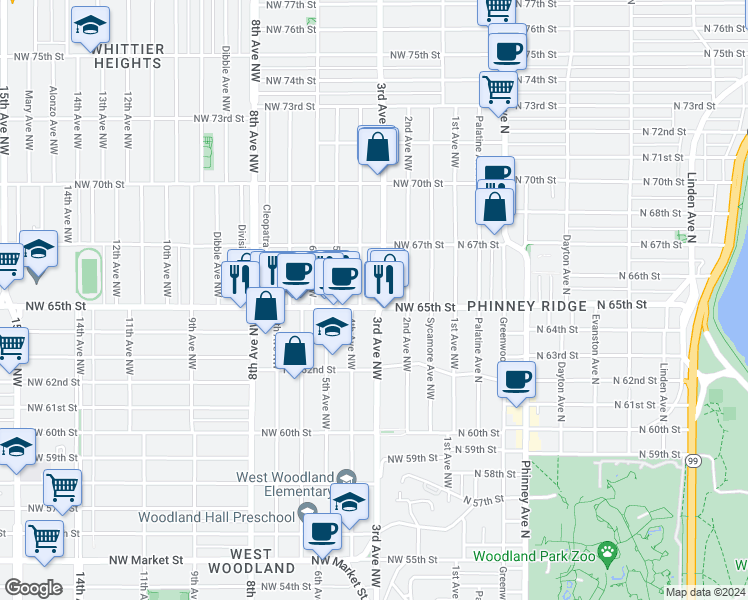 map of restaurants, bars, coffee shops, grocery stores, and more near 6257 3rd Avenue Northwest in Seattle