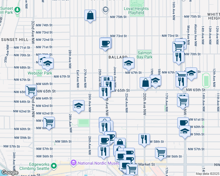 map of restaurants, bars, coffee shops, grocery stores, and more near 2349 Northwest 65th Street in Seattle