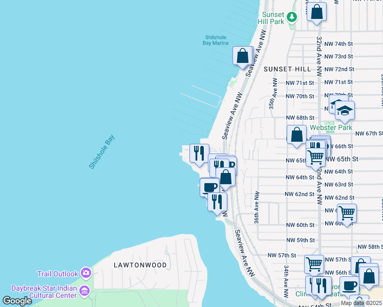 map of restaurants, bars, coffee shops, grocery stores, and more near 6535 Seaview Avenue Northwest in Seattle