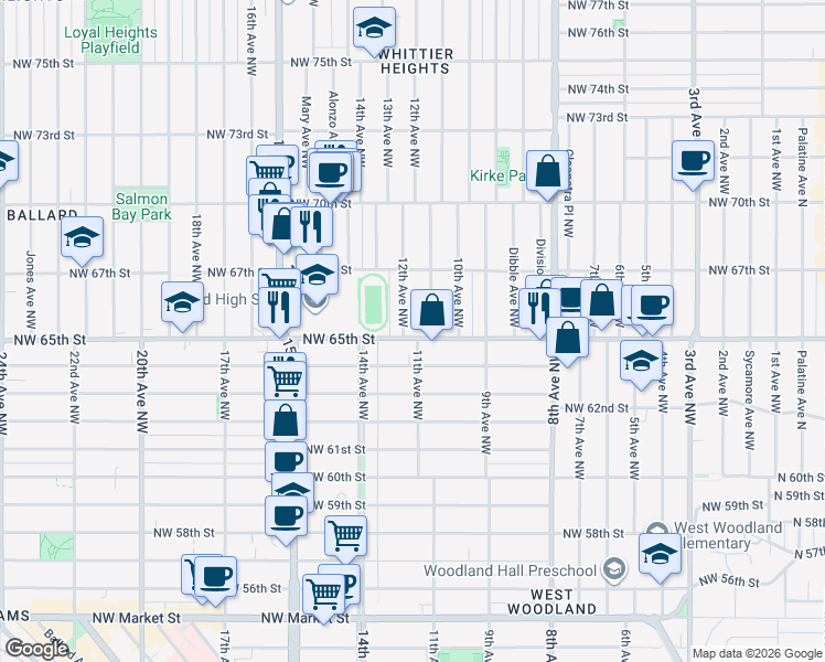 map of restaurants, bars, coffee shops, grocery stores, and more near 6512 12th Avenue Northwest in Seattle