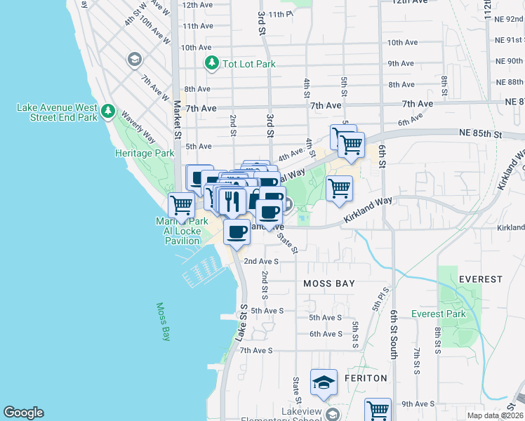 map of restaurants, bars, coffee shops, grocery stores, and more near 207 Park Lane in Kirkland