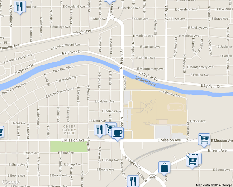 map of restaurants, bars, coffee shops, grocery stores, and more near 3118 East Ermina Avenue in Spokane