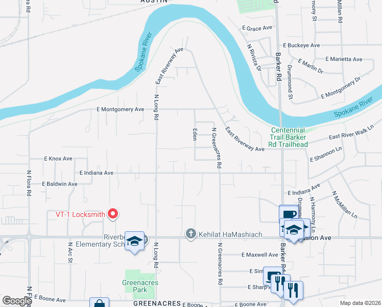 map of restaurants, bars, coffee shops, grocery stores, and more near 18015 East Indiana Avenue in Spokane Valley