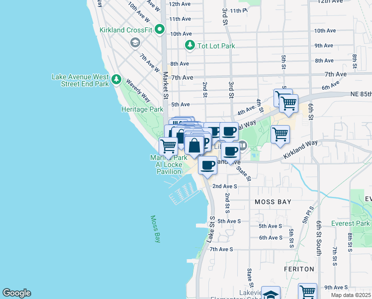 map of restaurants, bars, coffee shops, grocery stores, and more near 30 Lakeshore Plaza in Kirkland
