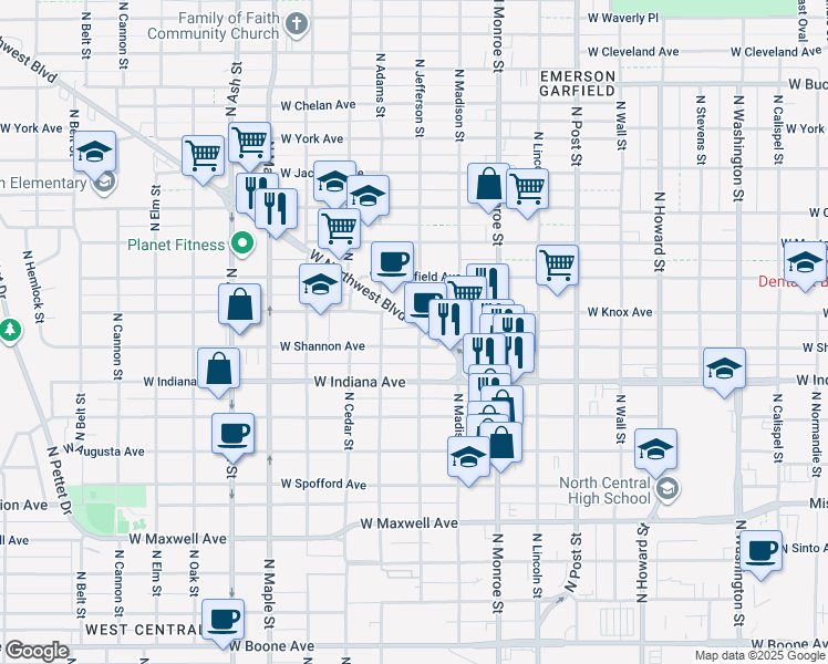 map of restaurants, bars, coffee shops, grocery stores, and more near 1214 West Shannon Avenue in Spokane