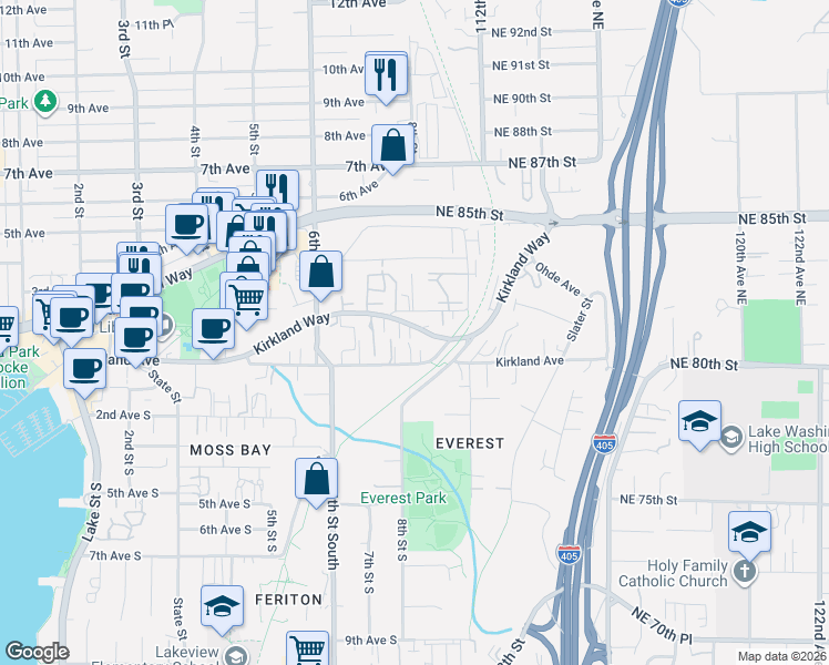 map of restaurants, bars, coffee shops, grocery stores, and more near 821 Kirkland Way in Kirkland