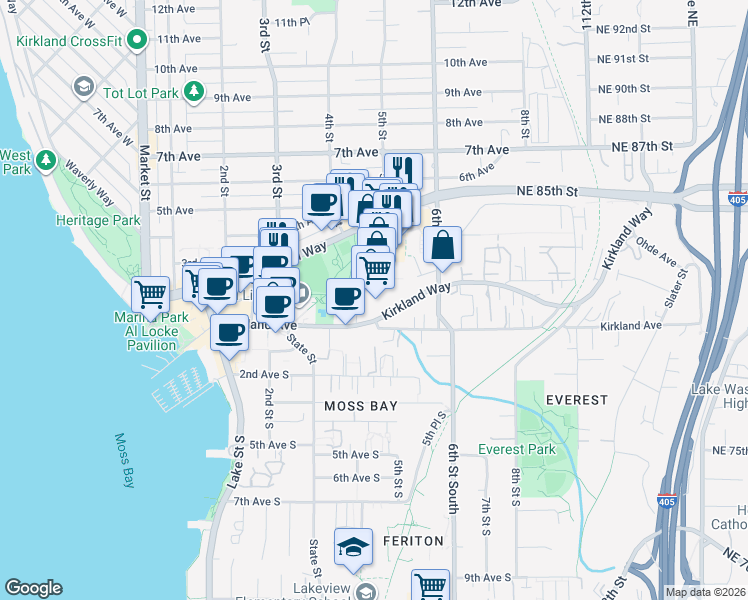 map of restaurants, bars, coffee shops, grocery stores, and more near 523 Kirkland Way in Kirkland