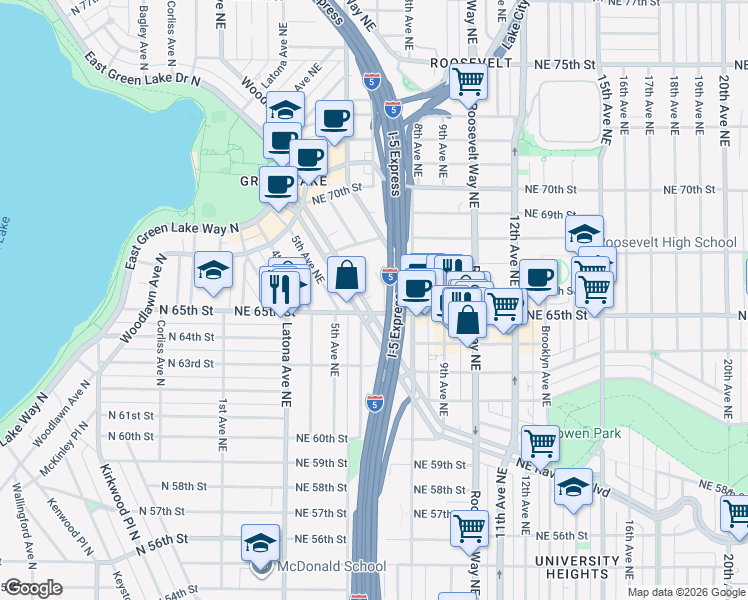 map of restaurants, bars, coffee shops, grocery stores, and more near 564 Northeast Ravenna Boulevard in Seattle