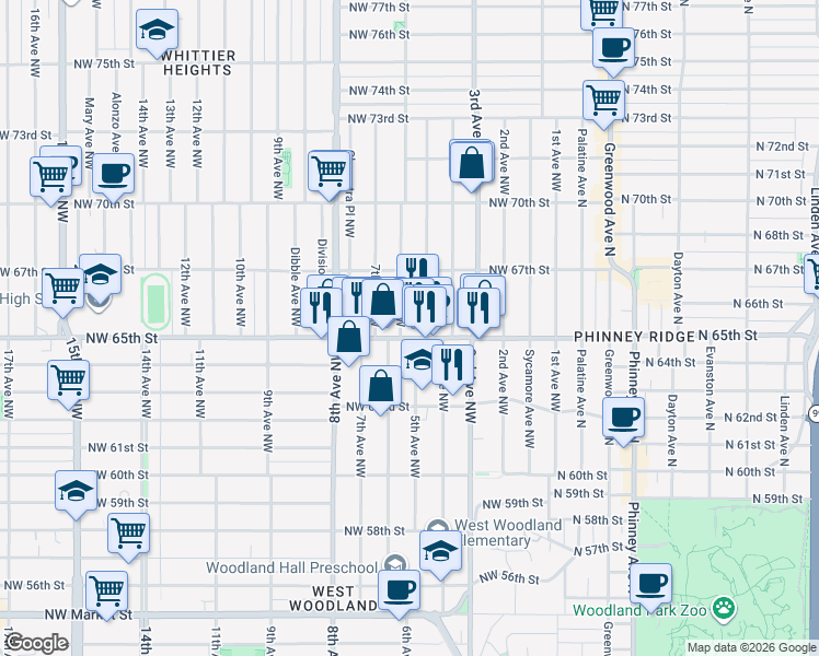 map of restaurants, bars, coffee shops, grocery stores, and more near 6500 6th Avenue Northwest in Seattle