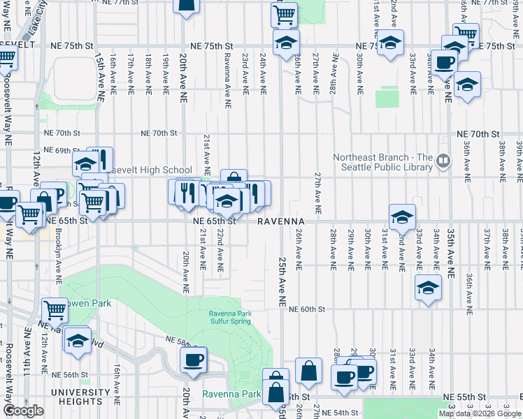 map of restaurants, bars, coffee shops, grocery stores, and more near in Seattle
