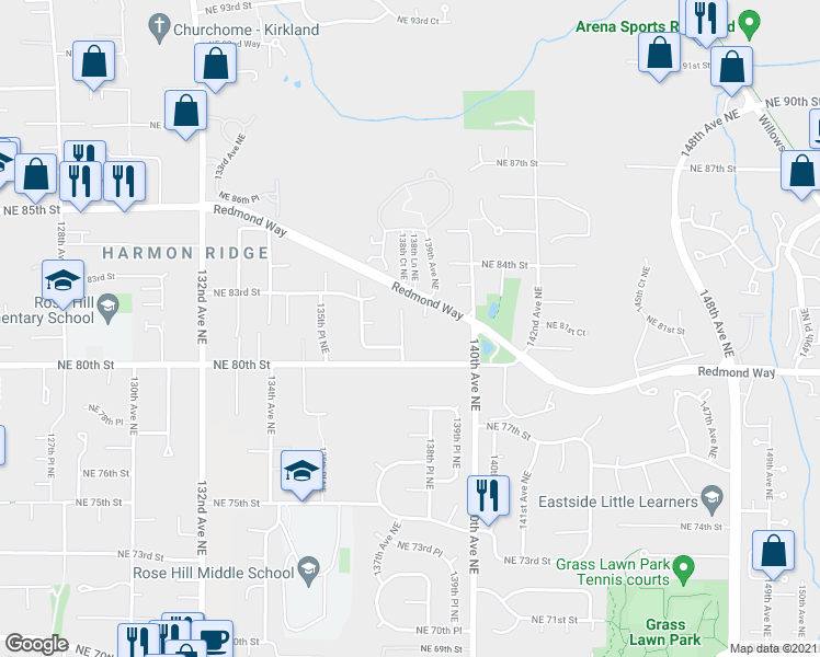 map of restaurants, bars, coffee shops, grocery stores, and more near 8108 138th Avenue Northeast in Redmond
