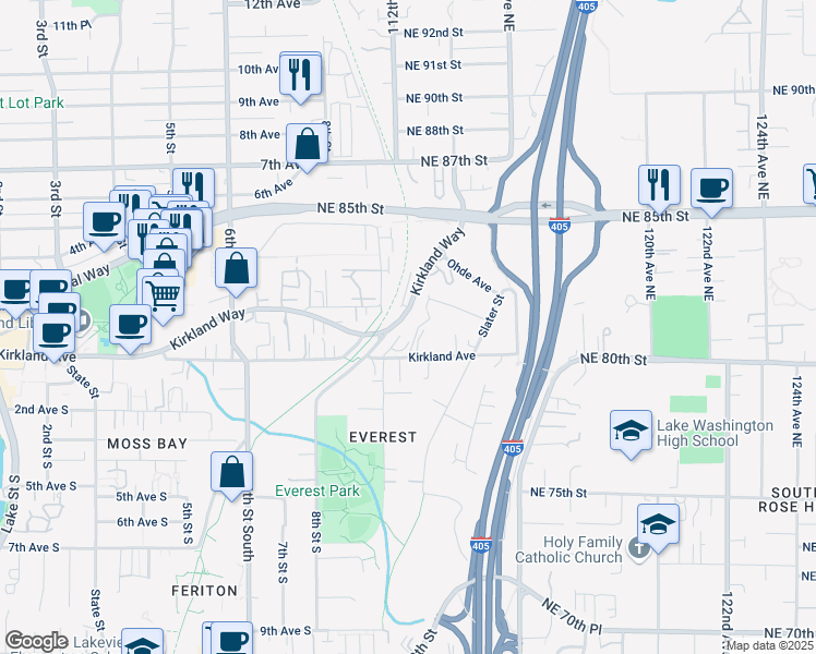 map of restaurants, bars, coffee shops, grocery stores, and more near 107 Cedar Street in Kirkland